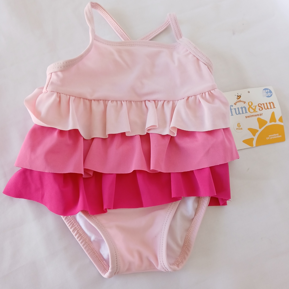 Goldbug  Fun & Sun Pink Ruffle One-Piece Baby Girls Swimsuit 6 Months UPF 50+